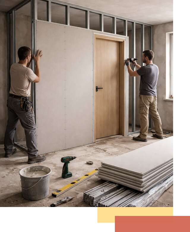 Перегородка из гипсокартона с дверью под ключ в Борисоглебске