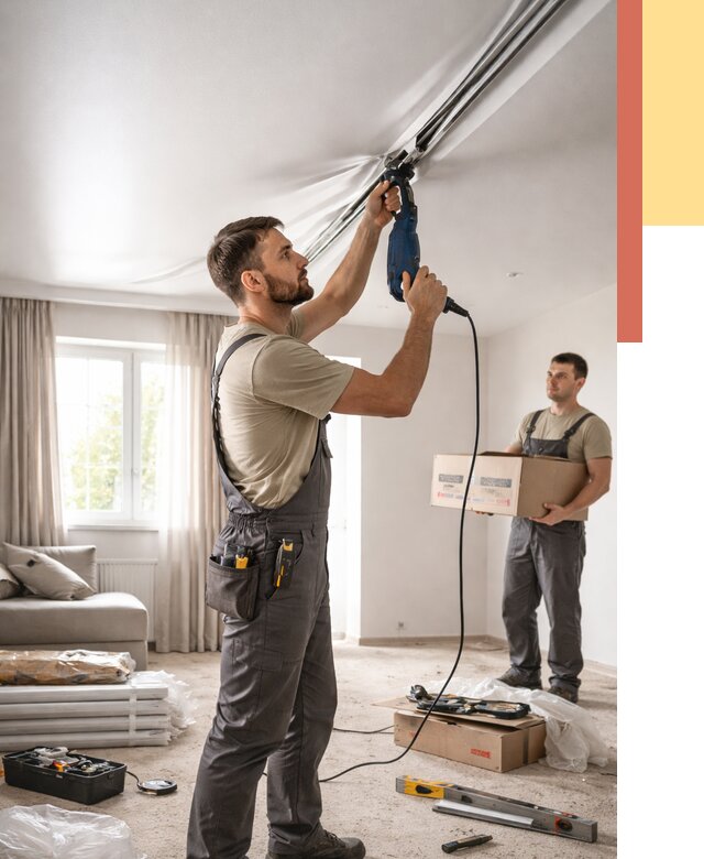 Монтаж сатинового натяжного потолка в Борисоглебске от 3641 руб. | Быстро, недорого — ОТДЕЛОЧНИК-Брс