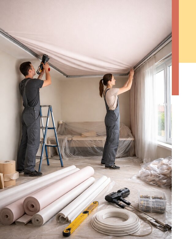 Монтаж цветного натяжного потолка в Борисоглебске от 4370 руб/м² — быстро и недорого | ОТДЕЛОЧНИК-Брс