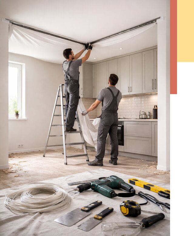 Установка натяжного потолка на кухне в Борисоглебске от 2497 руб. | ОТДЕЛОЧНИК-Брс