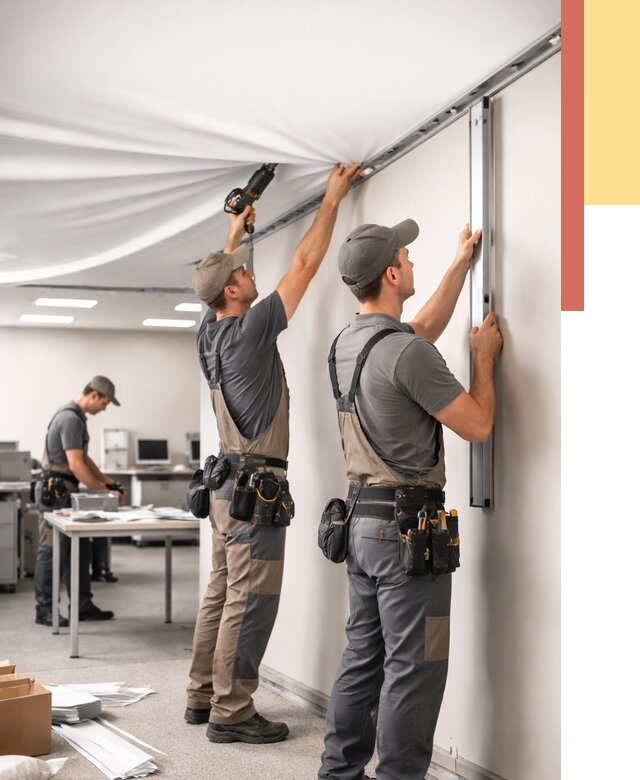 Монтаж натяжного потолка в офисе в Борисоглебске от 468 руб/м² — быстро и недорого | ОТДЕЛОЧНИК-Брс